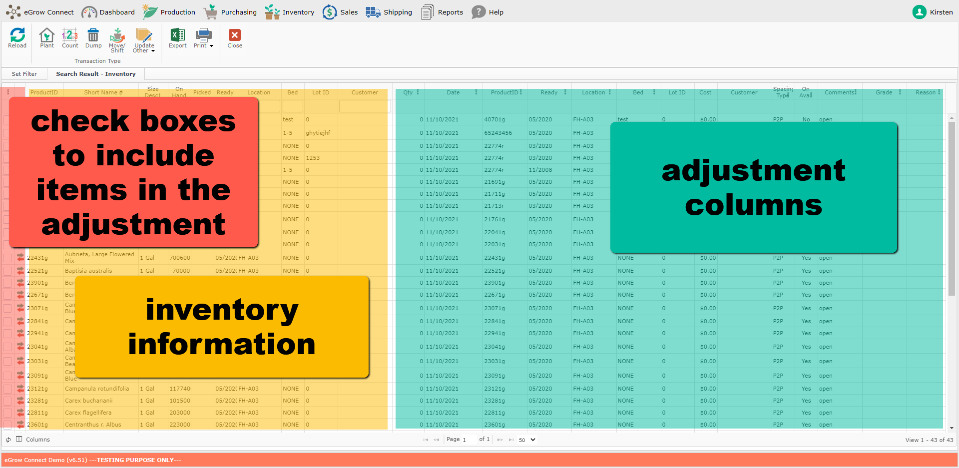 A screenshot of the Bulk Inventory Transfers Tool, checkboxes to include items on the left side, then inventory information in the center and adjustment columns to the right