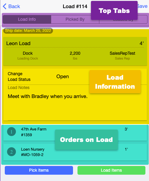 Screenshot of the Load Info screen of the mobile app, top tabs, then load information, then orders on load, then pick and load item buttons at the bottom.